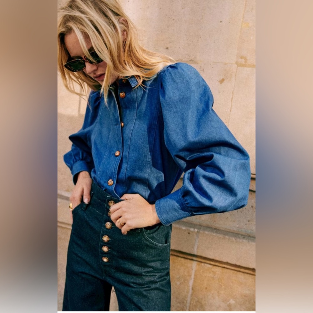 Sezane JONES High Waist wide leg button front Jeans Denim Blue